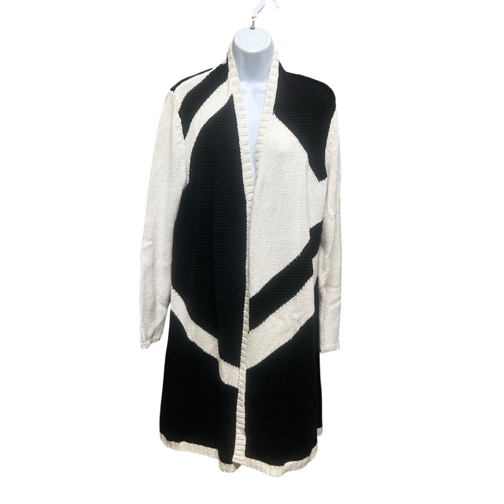 Chico's Black White Open Front Long Line Duster Cardigan Size M